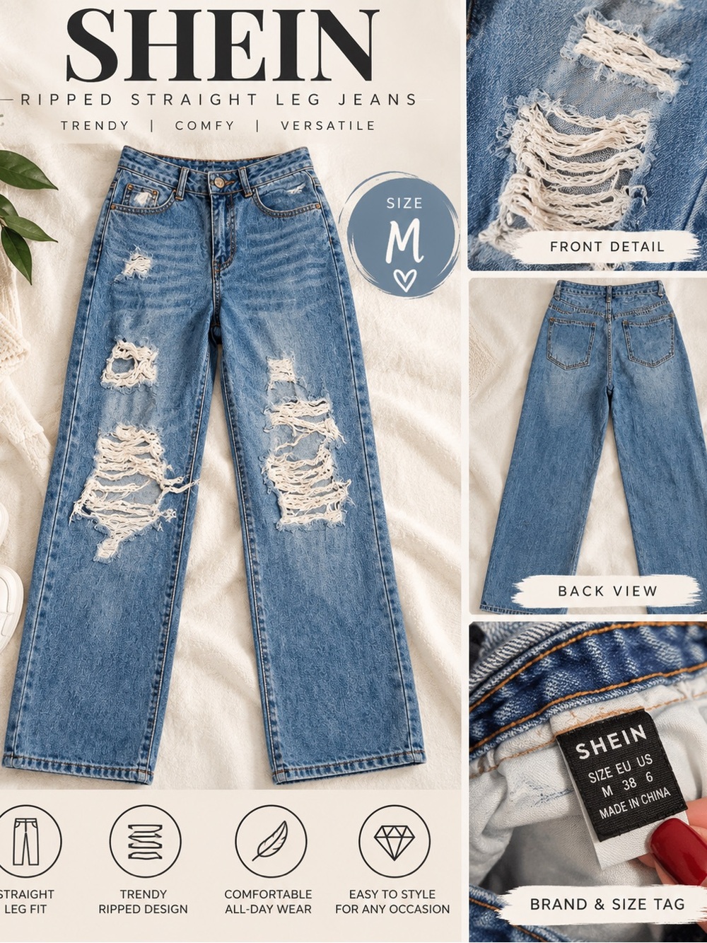 SHEIN Distressed Straight Leg Jeans - Medium Blue